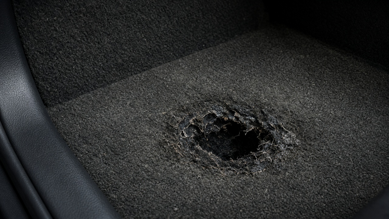 Illustrative placeholder: damaged carpet before repair